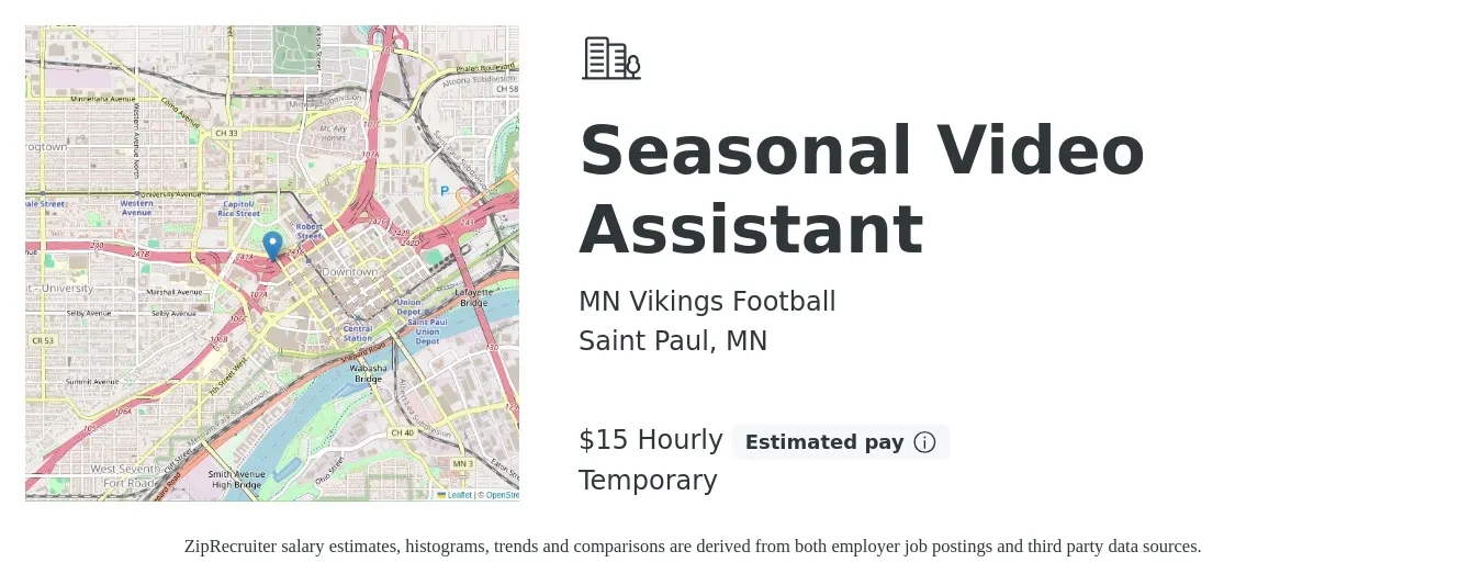 MN Vikings Football job posting for a Seasonal Video Assistant in Saint Paul, MN with a salary of $16 Hourly with a map of Saint Paul location.