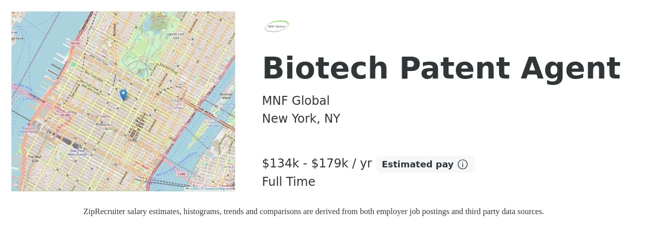 MNF Global job posting for a Biotech Patent Agent in New York, NY with a salary of $134,999 to $179,996 Yearly with a map of New York location.