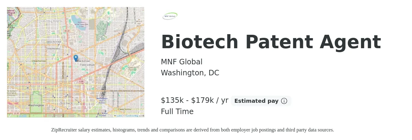 MNF Global job posting for a Biotech Patent Agent in Washington, DC with a salary of $135,000 to $179,996 Yearly with a map of Washington location.
