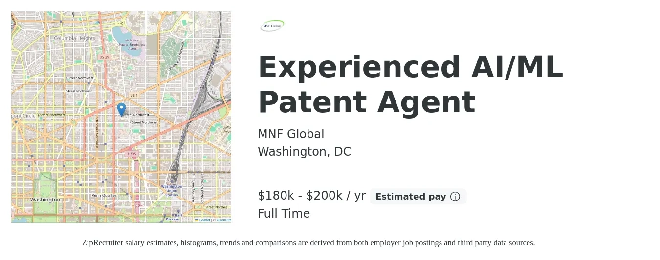 MNF Global job posting for a Experienced AI/ML Patent Agent in Washington, DC with a salary of $180,000 to $200,000 Yearly with a map of Washington location.