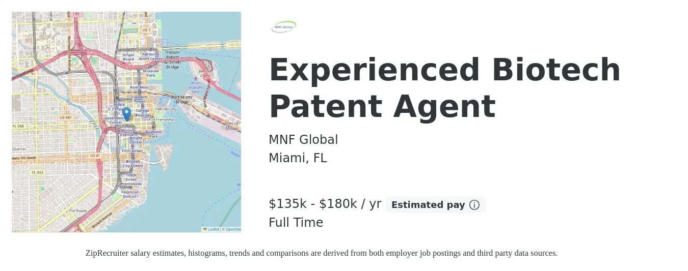 MNF Global job posting for a Experienced Biotech Patent Agent in Miami, FL with a salary of $135,000 to $180,000 Yearly with a map of Miami location.