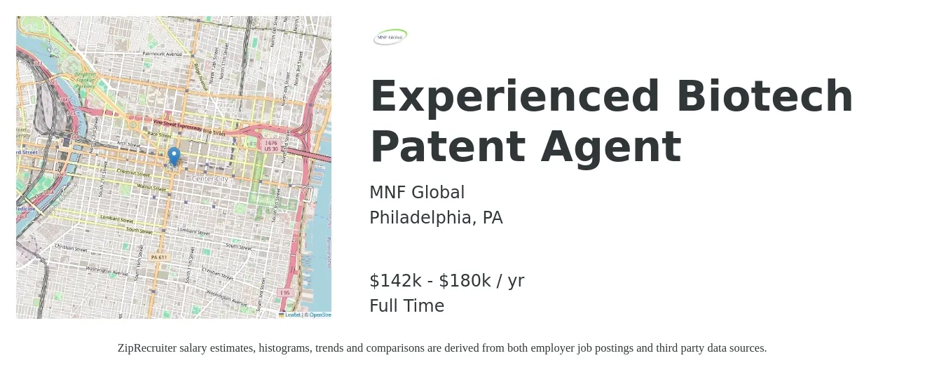 MNF Global job posting for a Experienced Biotech Patent Agent in Philadelphia, PA with a salary of $142,000 to $180,000 Yearly with a map of Philadelphia location.