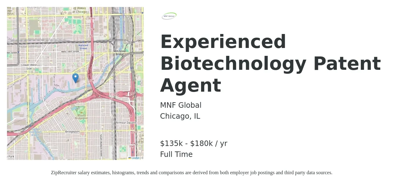 MNF Global job posting for a Experienced Biotechnology Patent Agent in Chicago, IL with a salary of $135,000 to $180,000 Yearly with a map of Chicago location.
