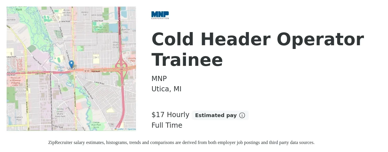 MNP job posting for a Cold Header Operator Trainee in Utica, MI with a salary of $18 Hourly with a map of Utica location.