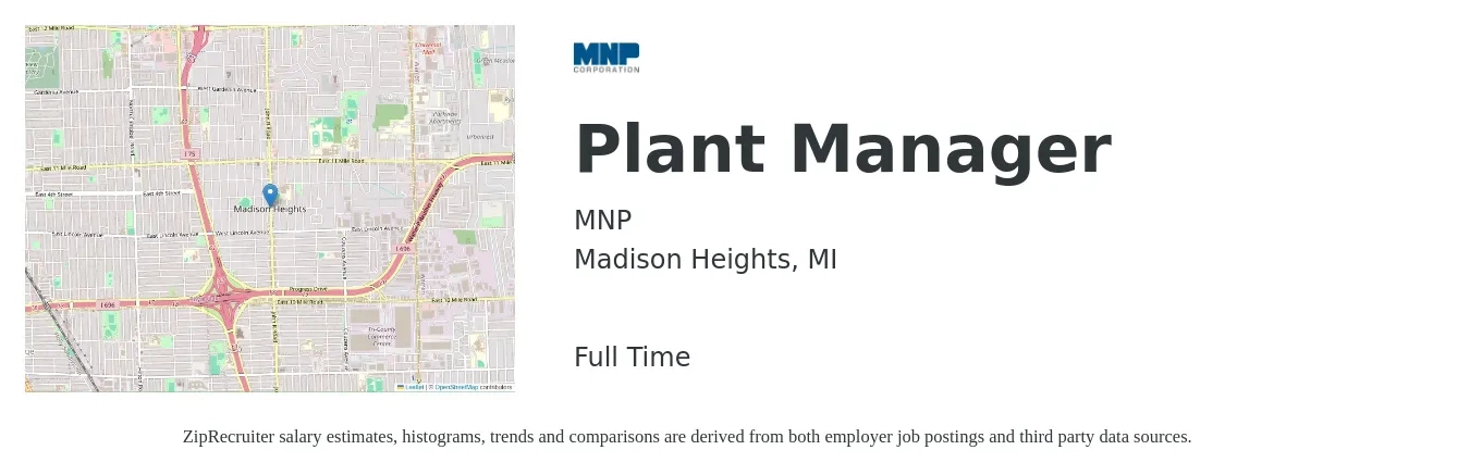 MNP job posting for a Plant Manager in Madison Heights, MI with a salary of $84,000 to $129,800 Yearly with a map of Madison Heights location.