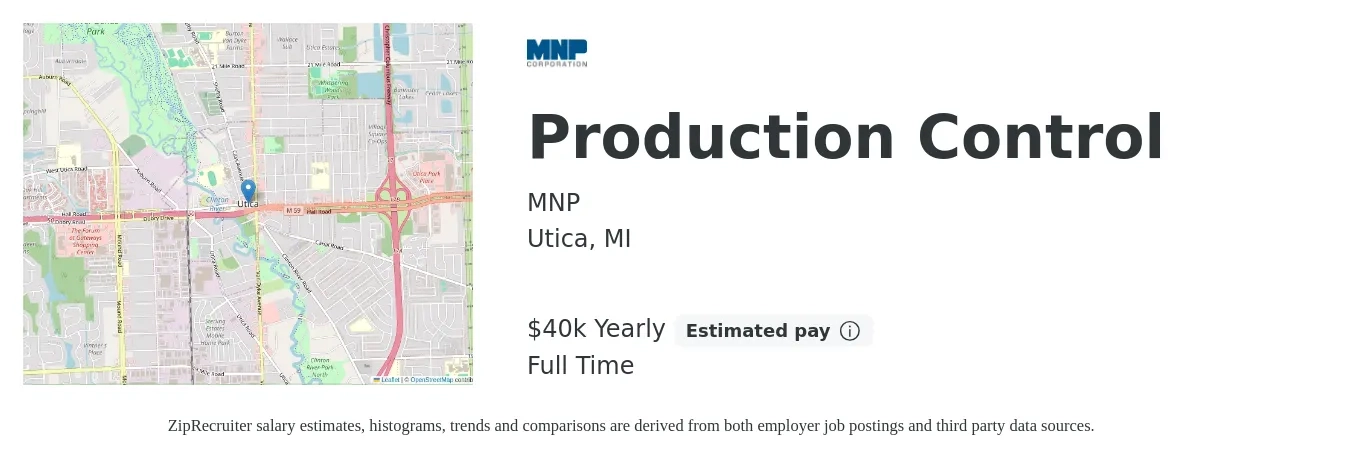 MNP job posting for a Production Control in Utica, MI with a salary of $40,000 Yearly with a map of Utica location.