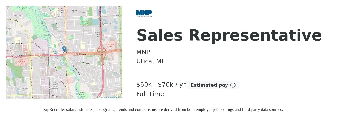 MNP job posting for a Sales Representative in Utica, MI with a salary of $60,000 to $70,000 Yearly with a map of Utica location.