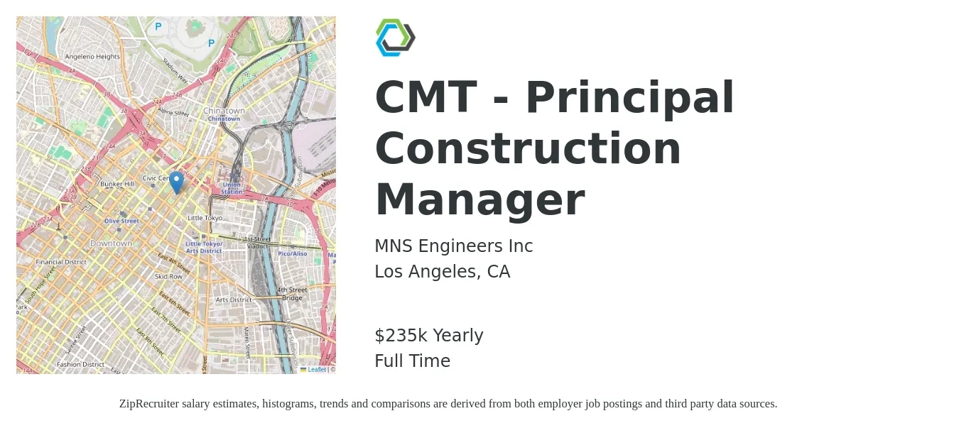 MNS Engineers Inc job posting for a CMT - Principal Construction Manager in Los Angeles, CA with a salary of $235,000 Yearly with a map of Los Angeles location.