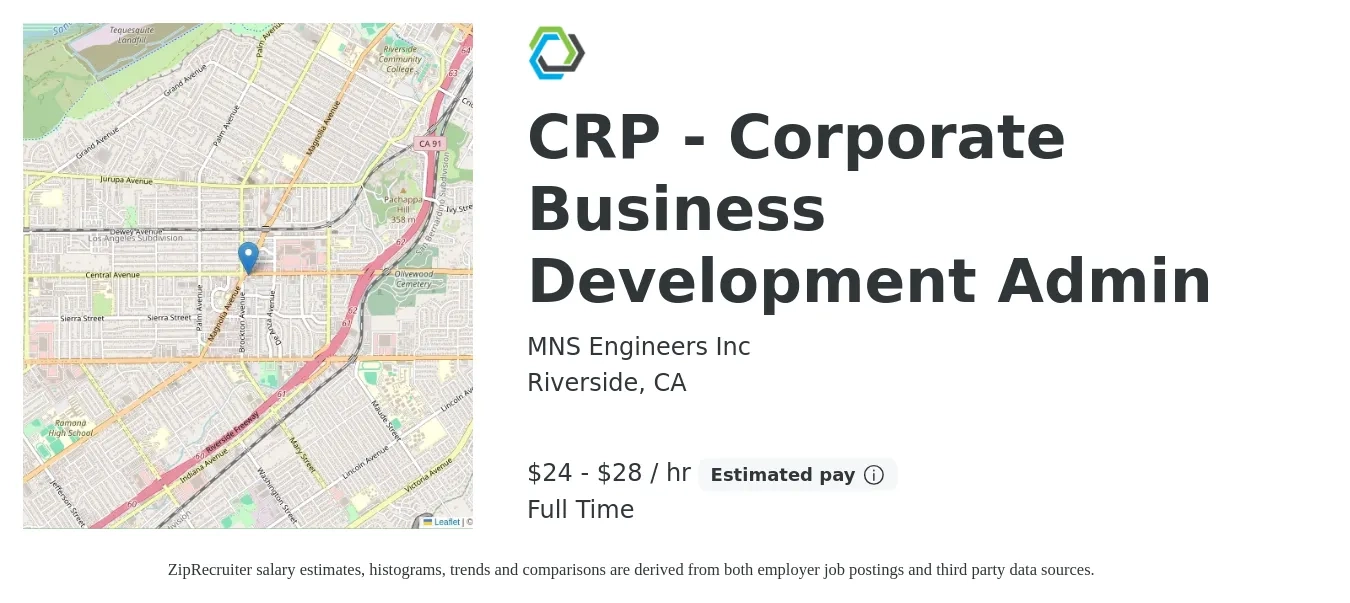 MNS Engineers, Inc job posting for a CRP - Corporate Business Development Admin in Riverside, CA with a salary of $25 to $30 Hourly with a map of Riverside location.