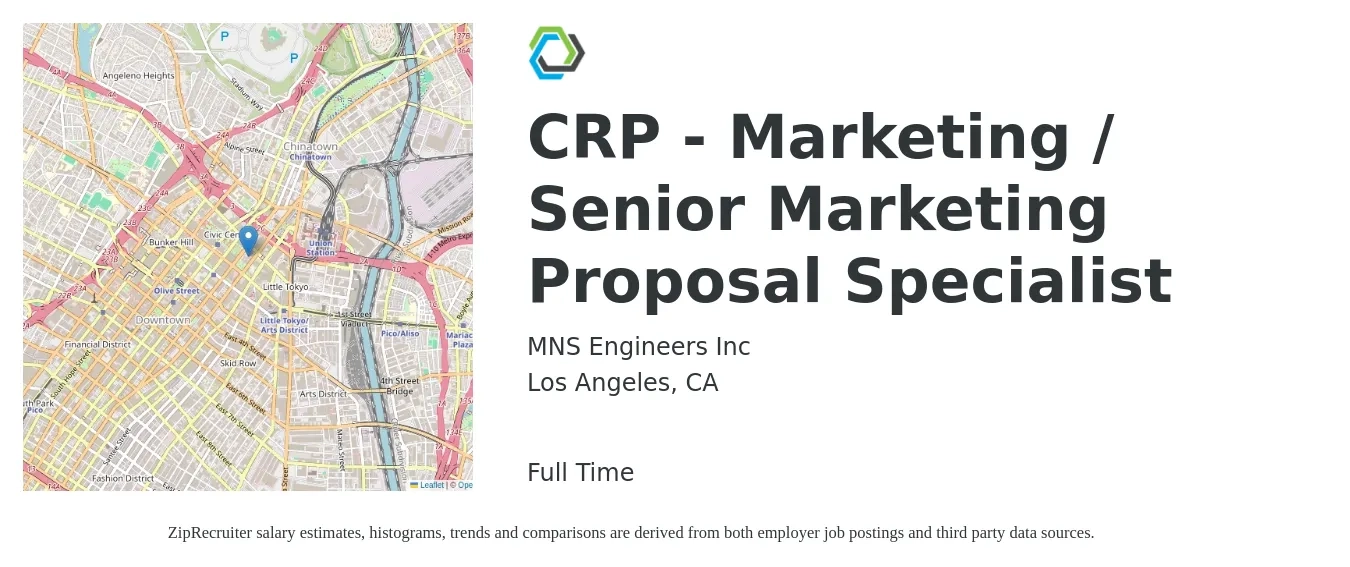 MNS Engineers Inc job posting for a CRP - Marketing / Senior Marketing Proposal Specialist in Los Angeles, CA with a salary of $64,600 to $96,400 Yearly with a map of Los Angeles location.