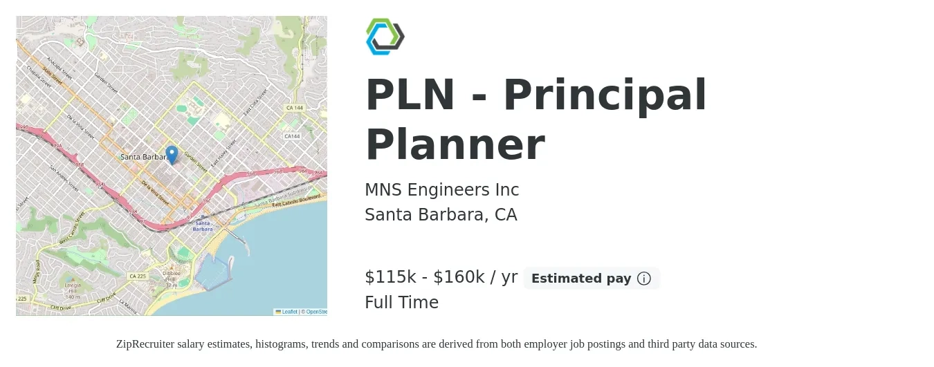 MNS Engineers Inc job posting for a PLN - Principal Planner in Santa Barbara, CA with a salary of $115,000 to $160,000 Yearly with a map of Santa Barbara location.