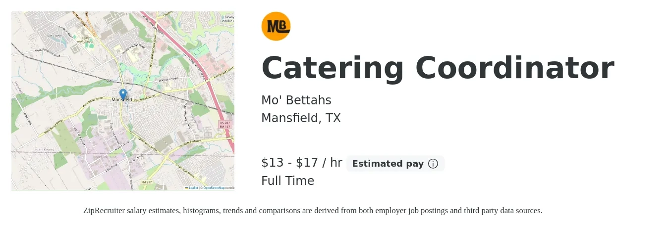 Mo' Bettahs job posting for a Catering Coordinator in Mansfield, TX with a salary of $14 to $18 Hourly with a map of Mansfield location.