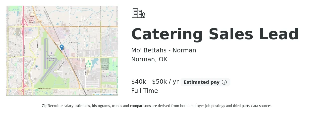 Mo' Bettahs - Norman job posting for a Catering Sales Lead in Norman, OK with a salary of $40,000 to $50,000 Yearly with a map of Norman location.