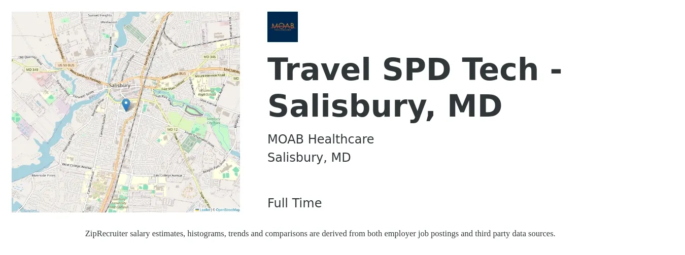MOAB Healthcare job posting for a Travel SPD Tech - Salisbury, MD in Salisbury, MD with a salary of $20 to $34 Hourly with a map of Salisbury location.