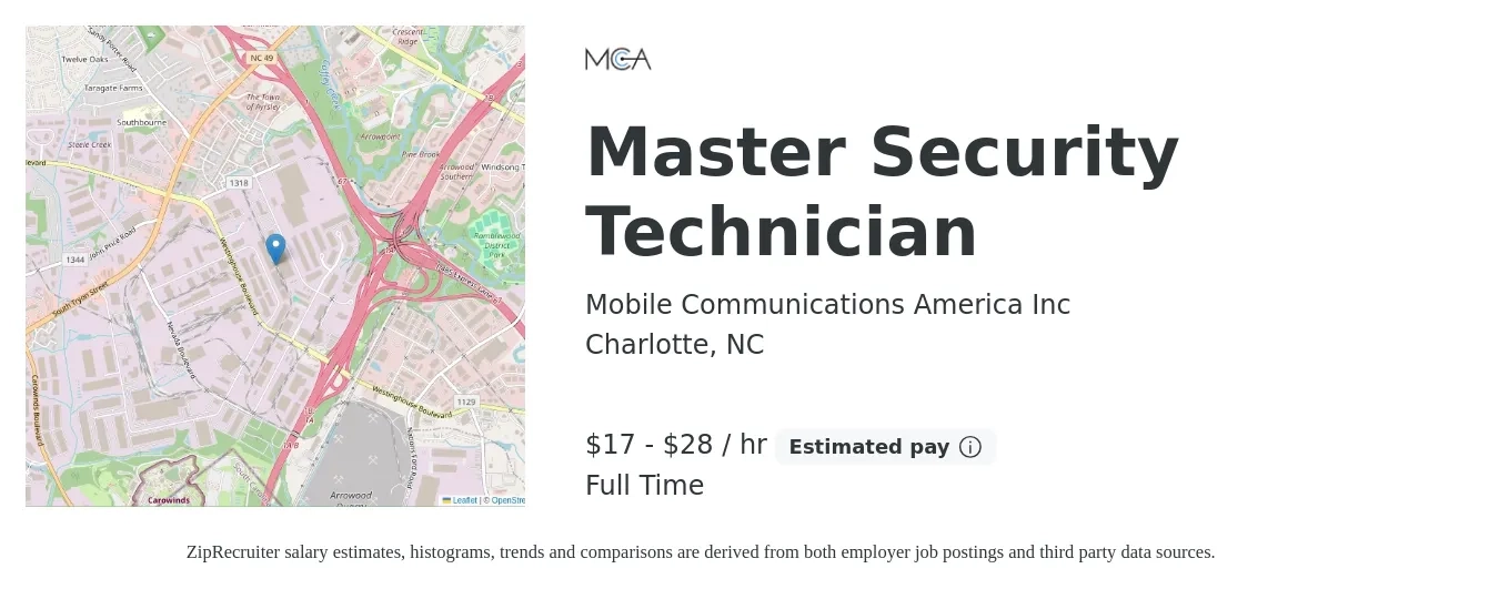 Mobile Communications America Inc job posting for a Master Security Technician in Charlotte, NC with a salary of $18 to $30 Hourly with a map of Charlotte location.