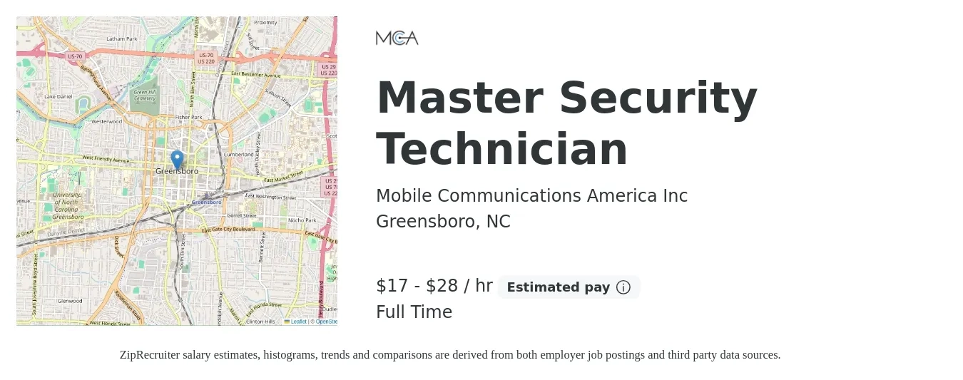 Mobile Communications America Inc job posting for a Master Security Technician in Greensboro, NC with a salary of $18 to $30 Hourly with a map of Greensboro location.
