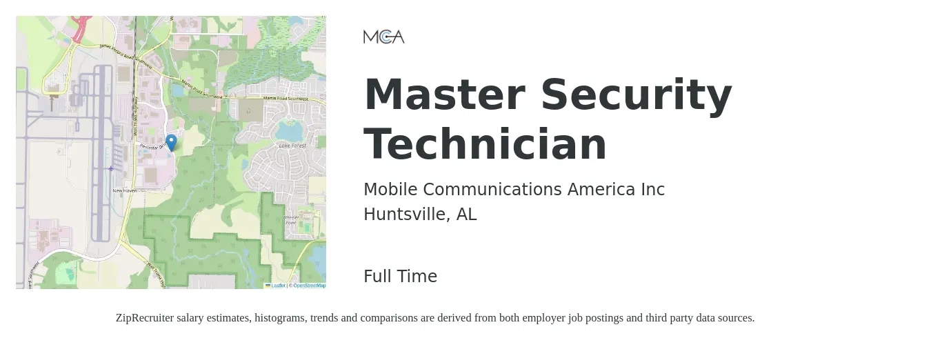 Mobile Communications America Inc job posting for a Master Security Technician in Huntsville, AL with a salary of $22 to $32 Hourly with a map of Huntsville location.