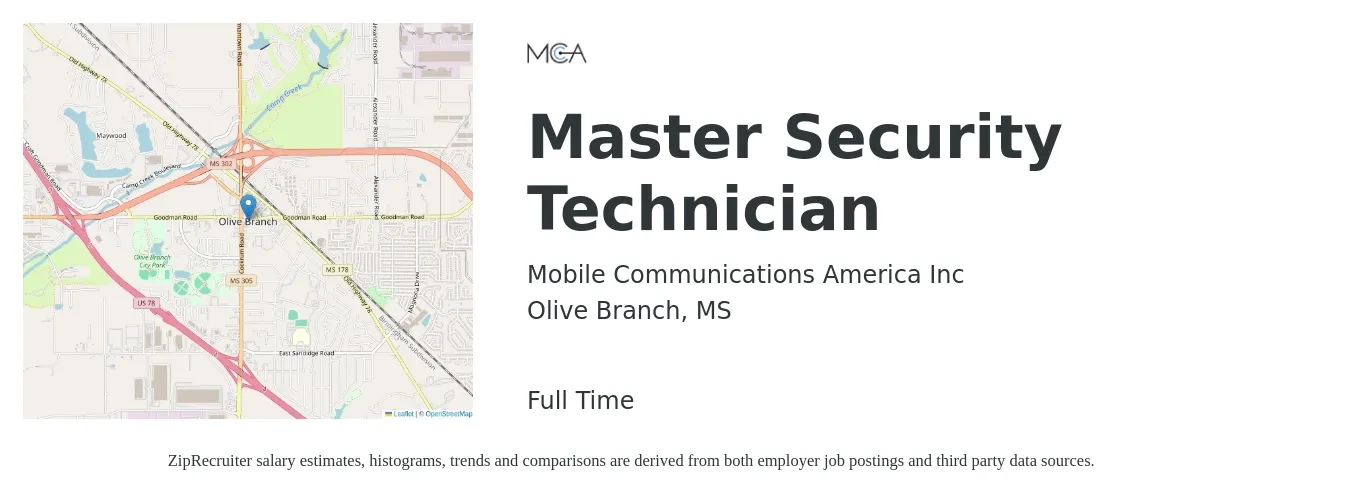 Mobile Communications America Inc job posting for a Master Security Technician in Olive Branch, MS with a salary of $20 to $28 Hourly with a map of Olive Branch location.