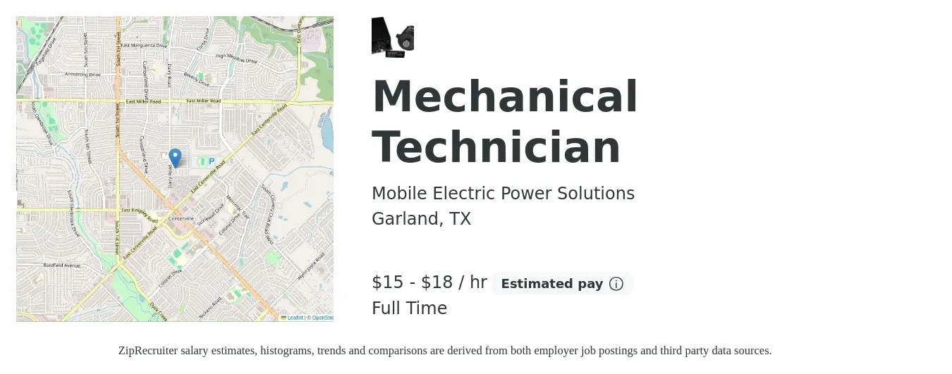 Mobile Electric Power Solutions job posting for a Mechanical Technician in Garland, TX with a salary of $16 to $19 Hourly with a map of Garland location.