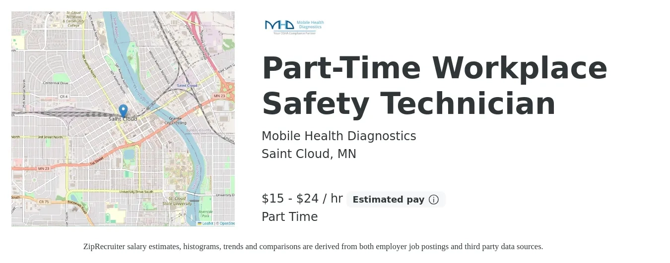 Mobile Health Diagnostics job posting for a Part-Time Workplace Safety Technician in Saint Cloud, MN with a salary of $16 to $25 Hourly and benefits including retirement with a map of Saint Cloud location.