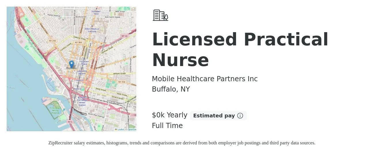 Mobile Healthcare Partners Inc job posting for a Licensed Practical Nurse in Buffalo, NY with a salary of $22 to $24 Yearly with a map of Buffalo location.