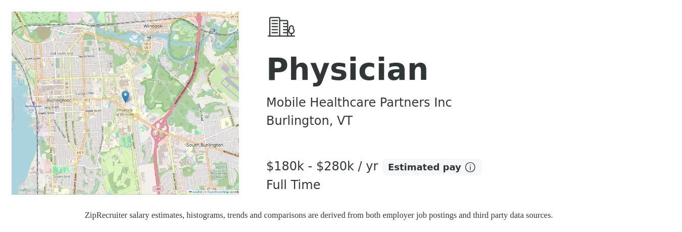 Mobile Healthcare Partners Inc job posting for a Physician in Burlington, VT with a salary of $180,000 to $280,000 Yearly with a map of Burlington location.
