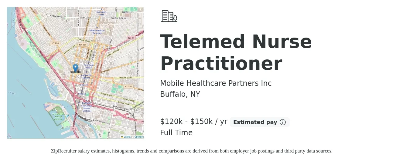 Mobile Healthcare Partners Inc job posting for a Telemed Nurse Practitioner in Buffalo, NY with a salary of $120,000 to $150,000 Yearly with a map of Buffalo location.