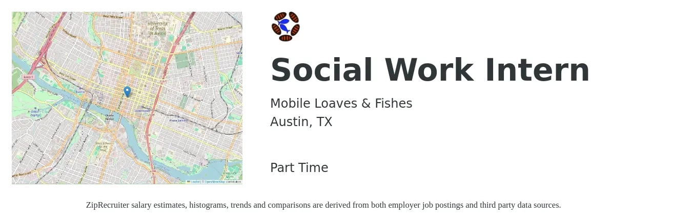 Mobile Loaves & Fishes job posting for a Social Work Intern in Austin, TX with a salary of $15 to $20 Hourly with a map of Austin location.