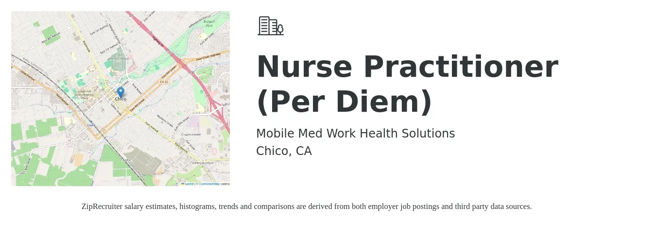 Mobile Med Work Health Solutions job posting for a Nurse Practitioner (Per Diem) in Chico, CA with a salary of $109,800 to $152,600 Yearly with a map of Chico location.