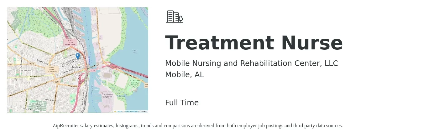 Mobile Nursing and Rehabilitation Center, LLC job posting for a Treatment Nurse in Mobile, AL with a salary of $26 to $38 Hourly with a map of Mobile location.