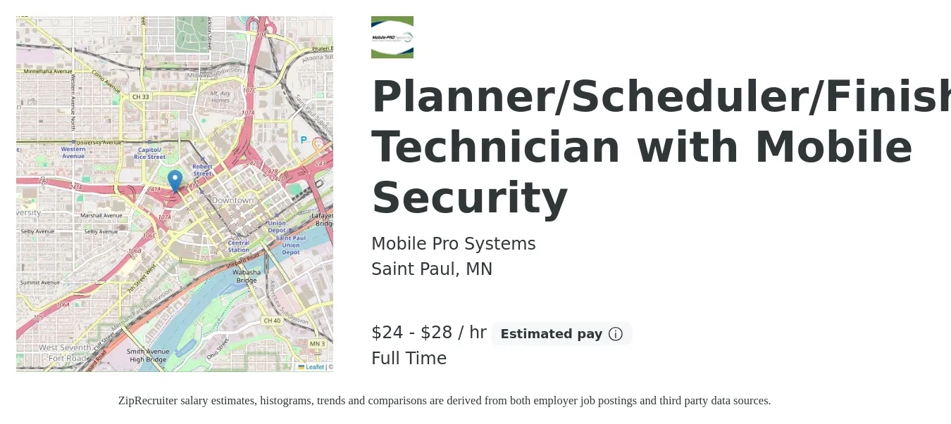 Mobile Pro Systems job posting for a Planner/Scheduler/Finishing Technician with Mobile Security in Saint Paul, MN with a salary of $25 to $30 Hourly with a map of Saint Paul location.