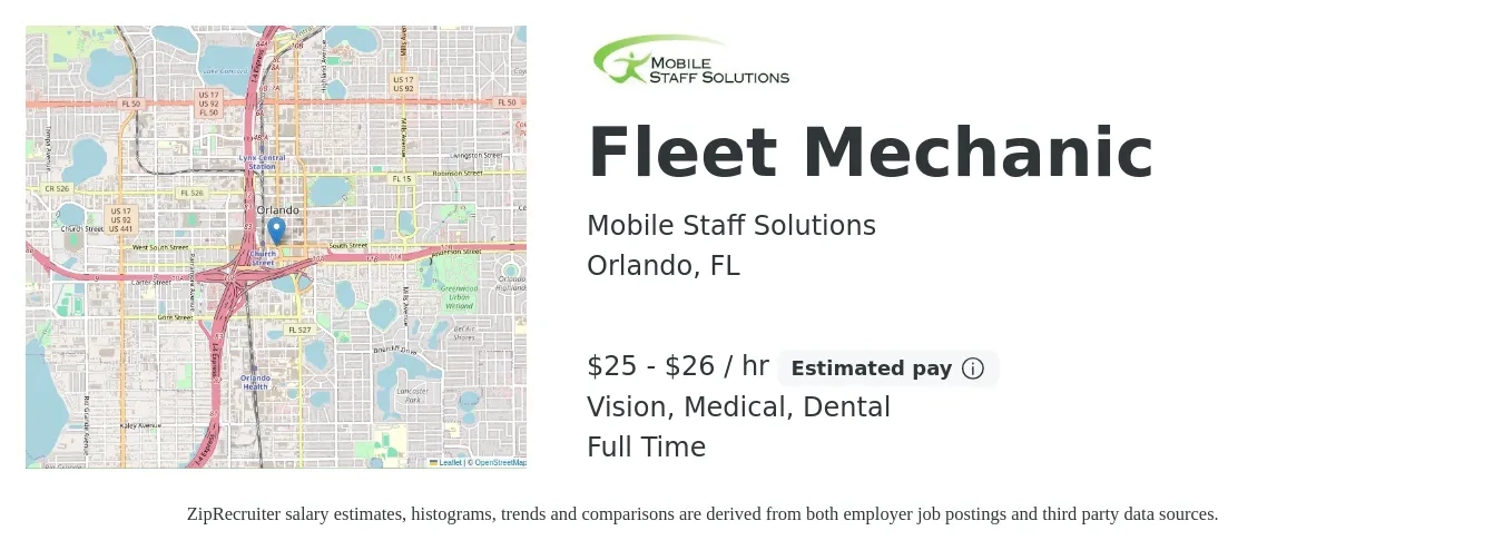 Mobile Staff Solutions job posting for a Fleet Mechanic in Orlando, FL with a salary of $26 to $28 Hourly and benefits including dental, life_insurance, medical, retirement, and vision with a map of Orlando location.
