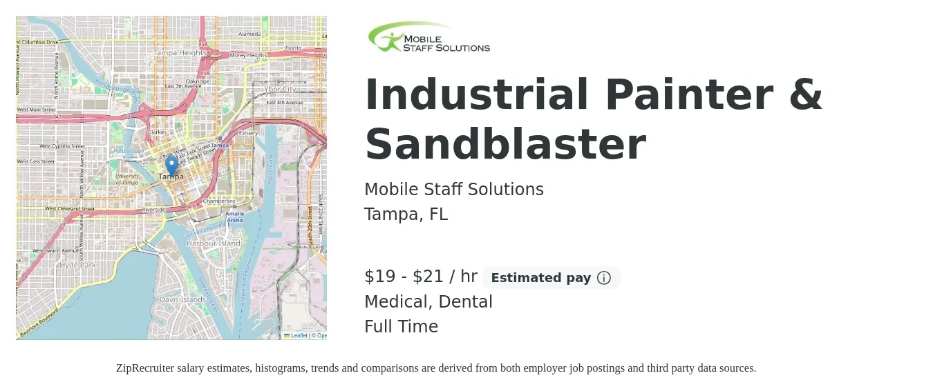 Mobile Staff Solutions job posting for a Industrial Painter & Sandblaster in Tampa, FL with a salary of $20 to $22 Hourly and benefits including dental, life_insurance, medical, and retirement with a map of Tampa location.