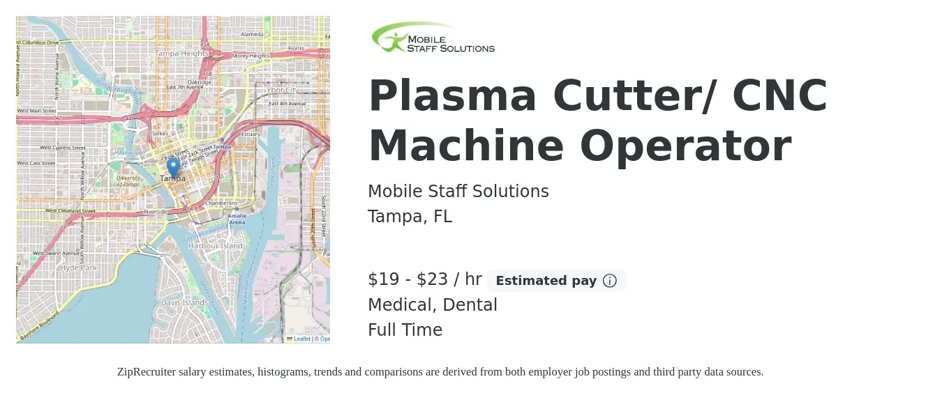 Mobile Staff Solutions job posting for a Plasma Cutter/ CNC Machine Operator in Tampa, FL with a salary of $20 to $24 Hourly and benefits including medical, and dental with a map of Tampa location.