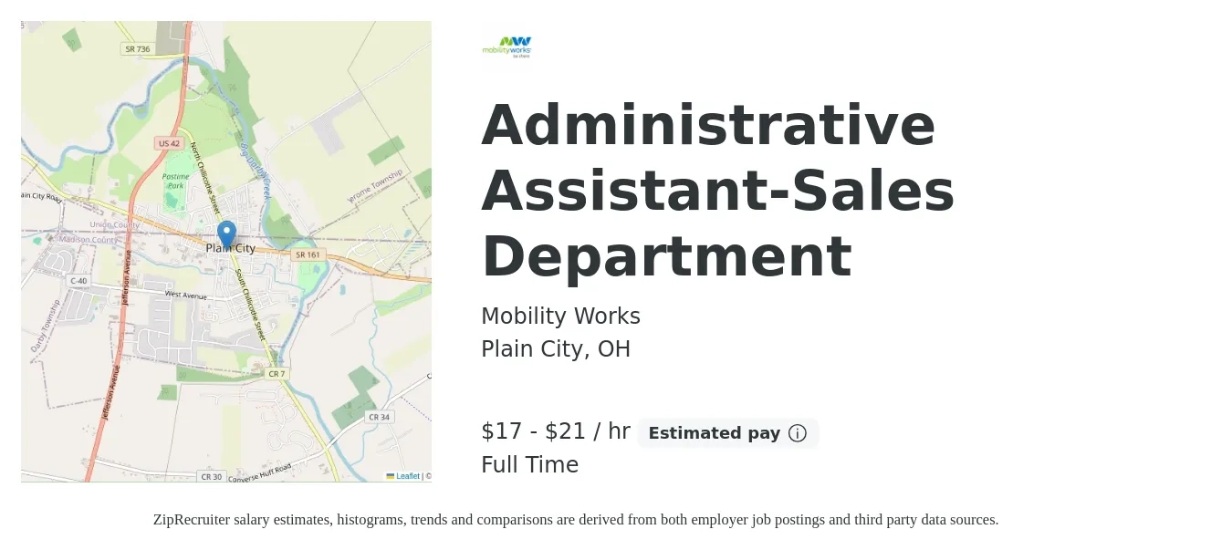 Mobility Works job posting for a Administrative Assistant-Sales Department in Plain City, OH with a salary of $18 to $22 Hourly with a map of Plain City location.