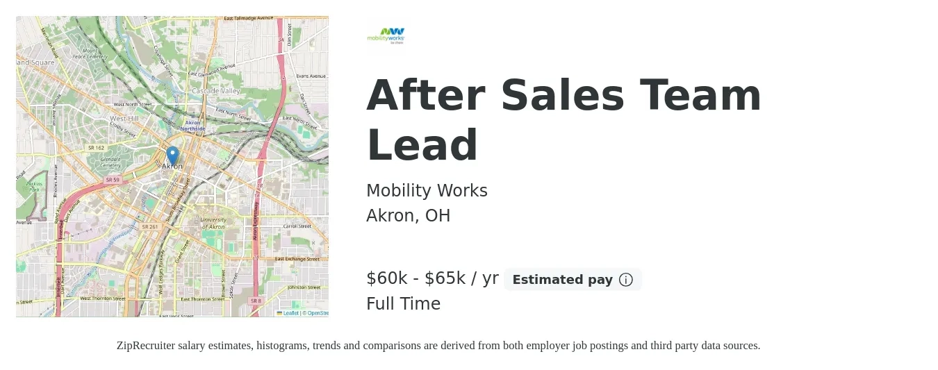 Mobility Works job posting for a After Sales Team Lead in Akron, OH with a salary of $60,000 to $65,000 Yearly with a map of Akron location.