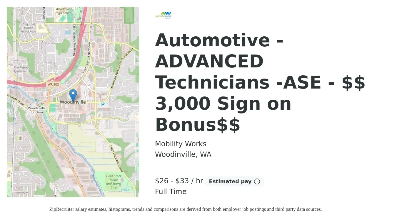 Mobility Works job posting for a Automotive -ADVANCED Technicians -ASE - $$ 3,000 Sign on Bonus$$ in Woodinville, WA with a salary of $28 to $35 Hourly with a map of Woodinville location.