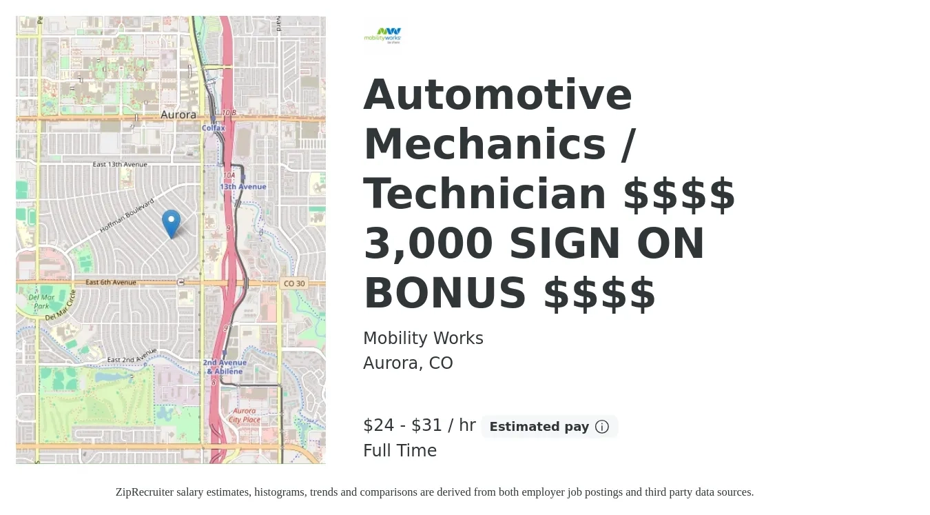 Mobility Works job posting for a Automotive Mechanics / Technician $$$$ 3,000 SIGN ON BONUS $$$$ in Aurora, CO with a salary of $25 to $33 Hourly with a map of Aurora location.