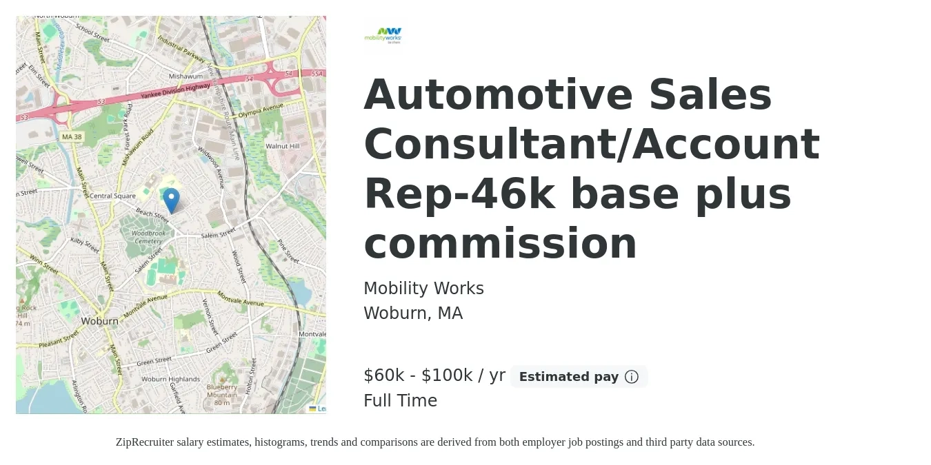 Mobility Works job posting for a Automotive Sales Consultant/Account Rep-46k base plus commission in Woburn, MA with a salary of $60,000 to $100,000 Yearly with a map of Woburn location.