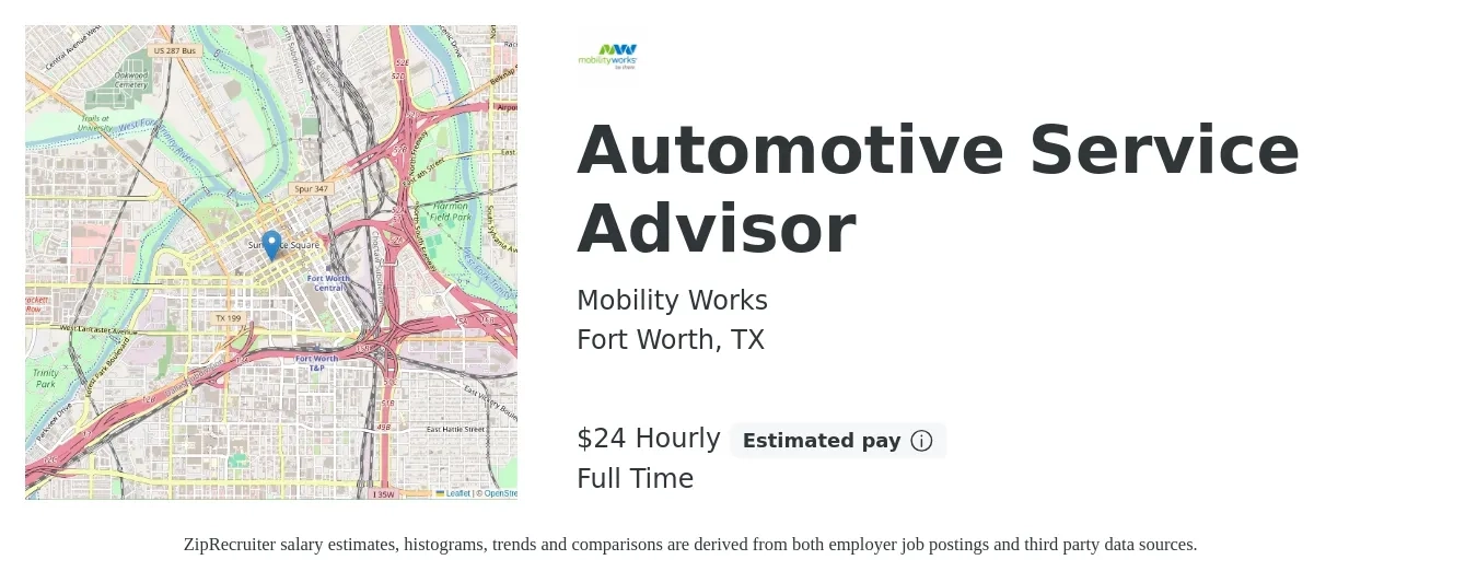 Mobility Works job posting for a Automotive Service Advisor in Fort Worth, TX with a salary of $25 Hourly with a map of Fort Worth location.