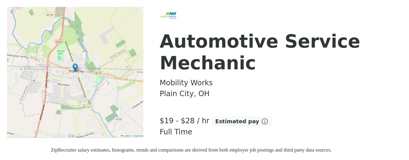 Mobility Works job posting for a Automotive Service Mechanic in Plain City, OH with a salary of $20 to $30 Hourly with a map of Plain City location.