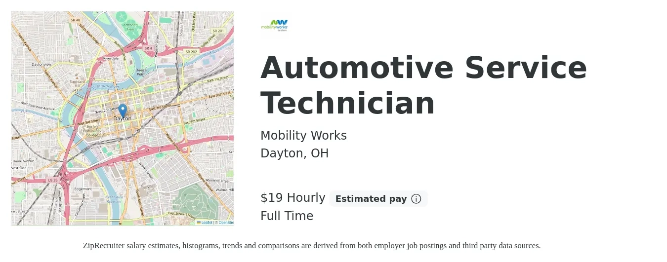 Mobility Works job posting for a Automotive Service Technician in Dayton, OH with a salary of $23 to $28 Hourly with a map of Dayton location.
