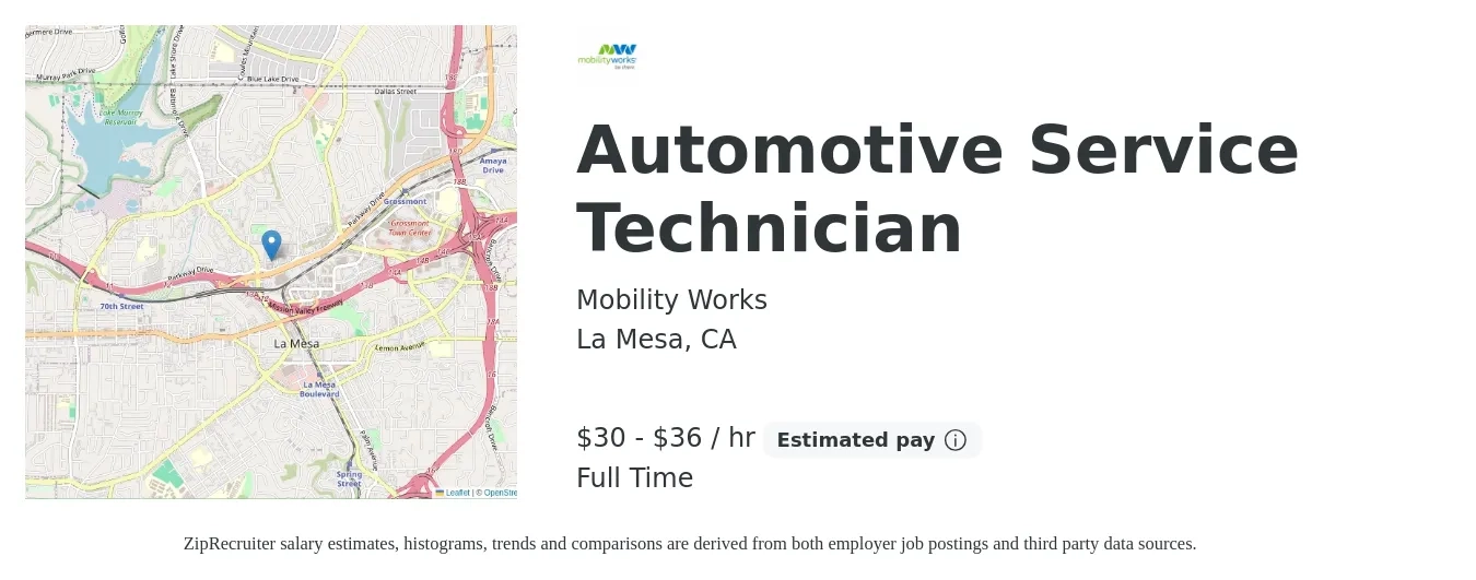 Mobility Works job posting for a Automotive Service Technician in La Mesa, CA with a salary of $32 to $38 Hourly with a map of La Mesa location.