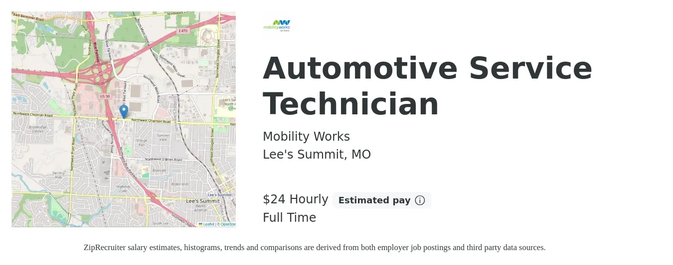 Mobility Works job posting for a Automotive Service Technician in Lee's Summit, MO with a salary of $25 to $28 Hourly with a map of Lee's Summit location.