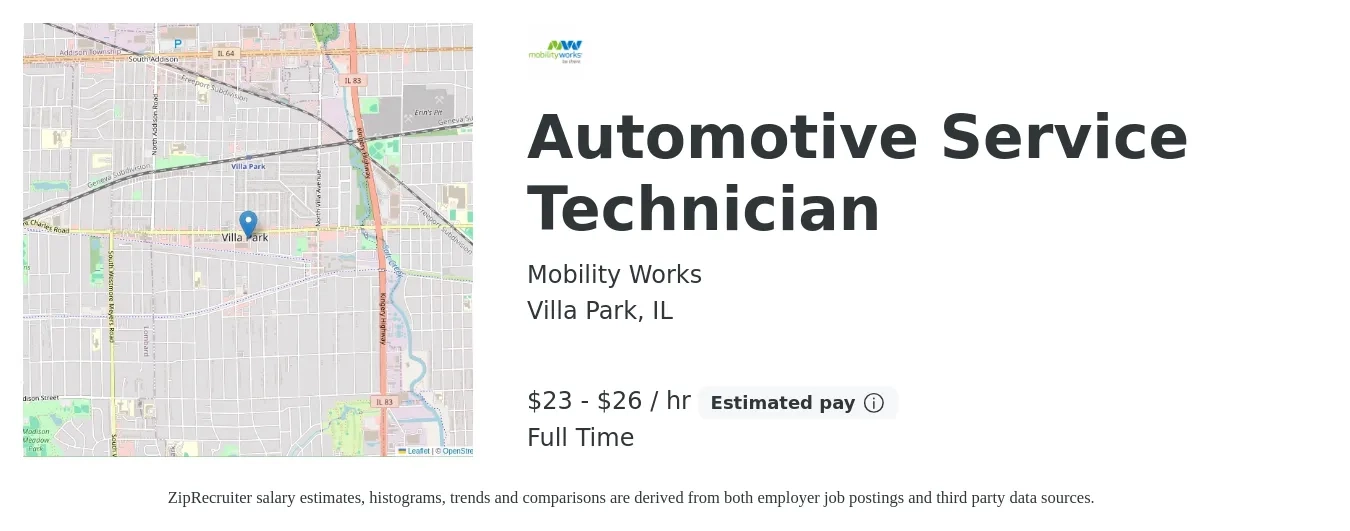 Mobility Works job posting for a Automotive Service Technician in Villa Park, IL with a salary of $24 to $28 Hourly with a map of Villa Park location.