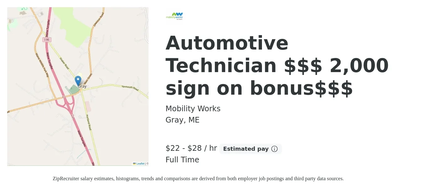 Mobility Works job posting for a Automotive Technician $$$ 2,000 sign on bonus$$$ in Gray, ME with a salary of $23 to $30 Hourly with a map of Gray location.