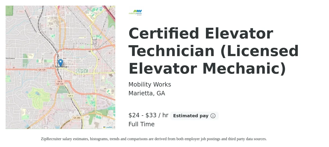 Mobility Works job posting for a Certified Elevator Technician (Licensed Elevator Mechanic) in Marietta, GA with a salary of $25 to $35 Hourly with a map of Marietta location.