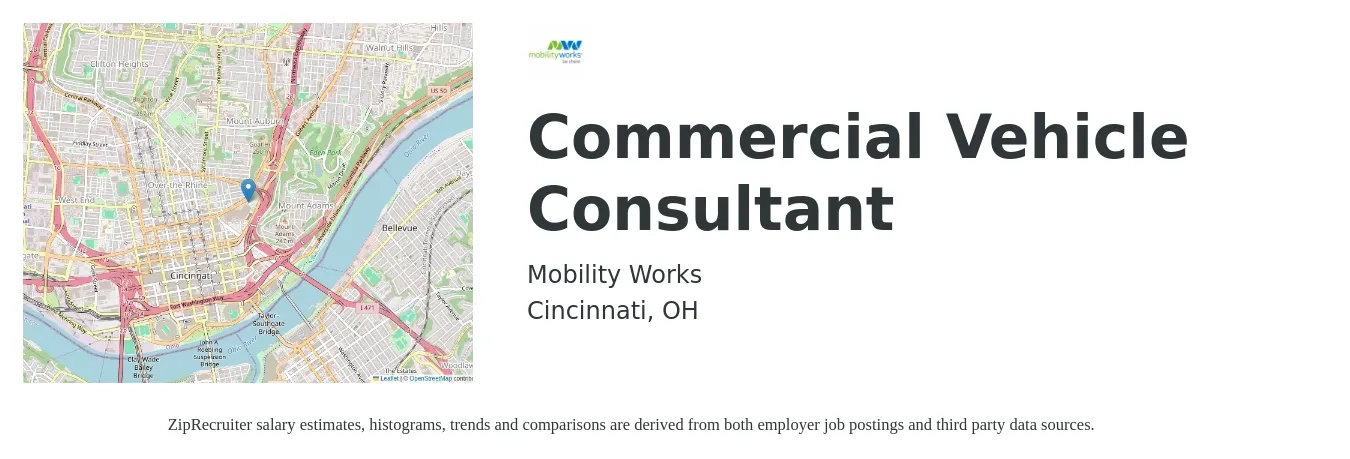 Mobility Works job posting for a Commercial Vehicle Consultant in Cincinnati, OH with a salary of $62,500 to $100,000 Yearly with a map of Cincinnati location.