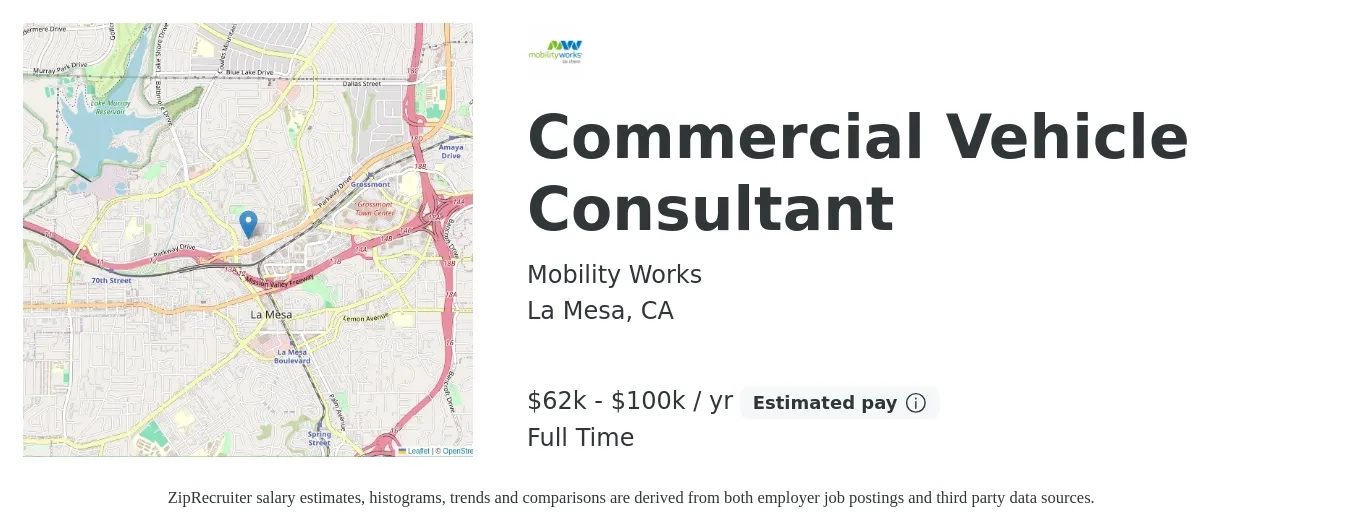 Mobility Works job posting for a Commercial Vehicle Consultant in La Mesa, CA with a salary of $62,500 to $100,000 Yearly with a map of La Mesa location.