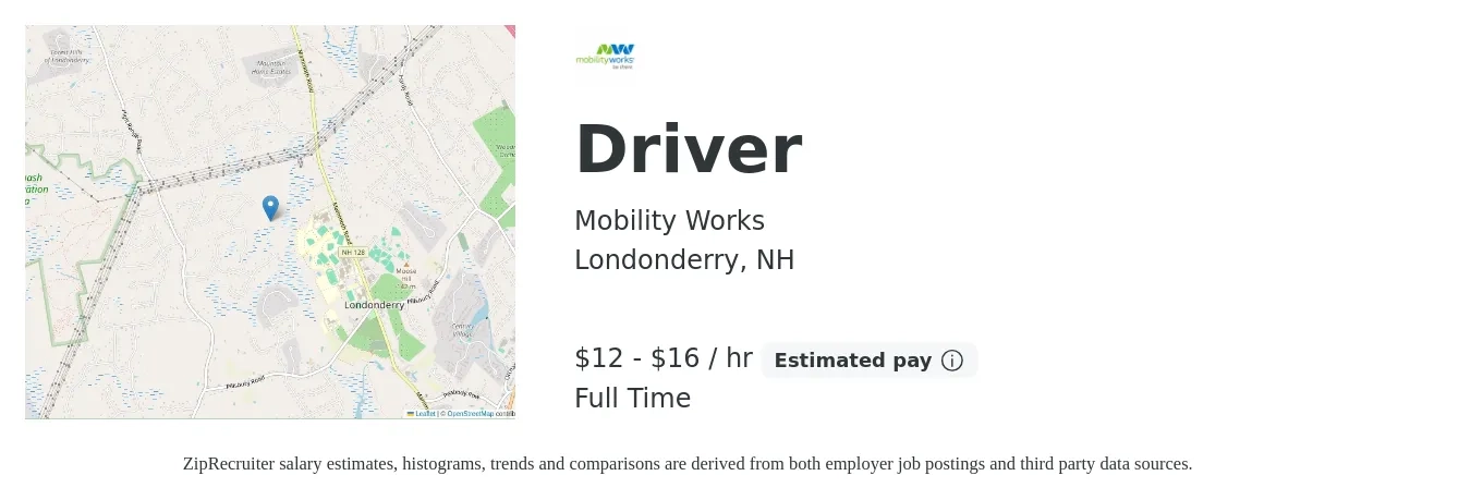 Mobility Works job posting for a Driver in Londonderry, NH with a salary of $13 to $17 Hourly with a map of Londonderry location.